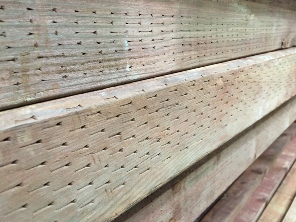 Figure 1: Image of pressure treated wood showing indentations from treatment.