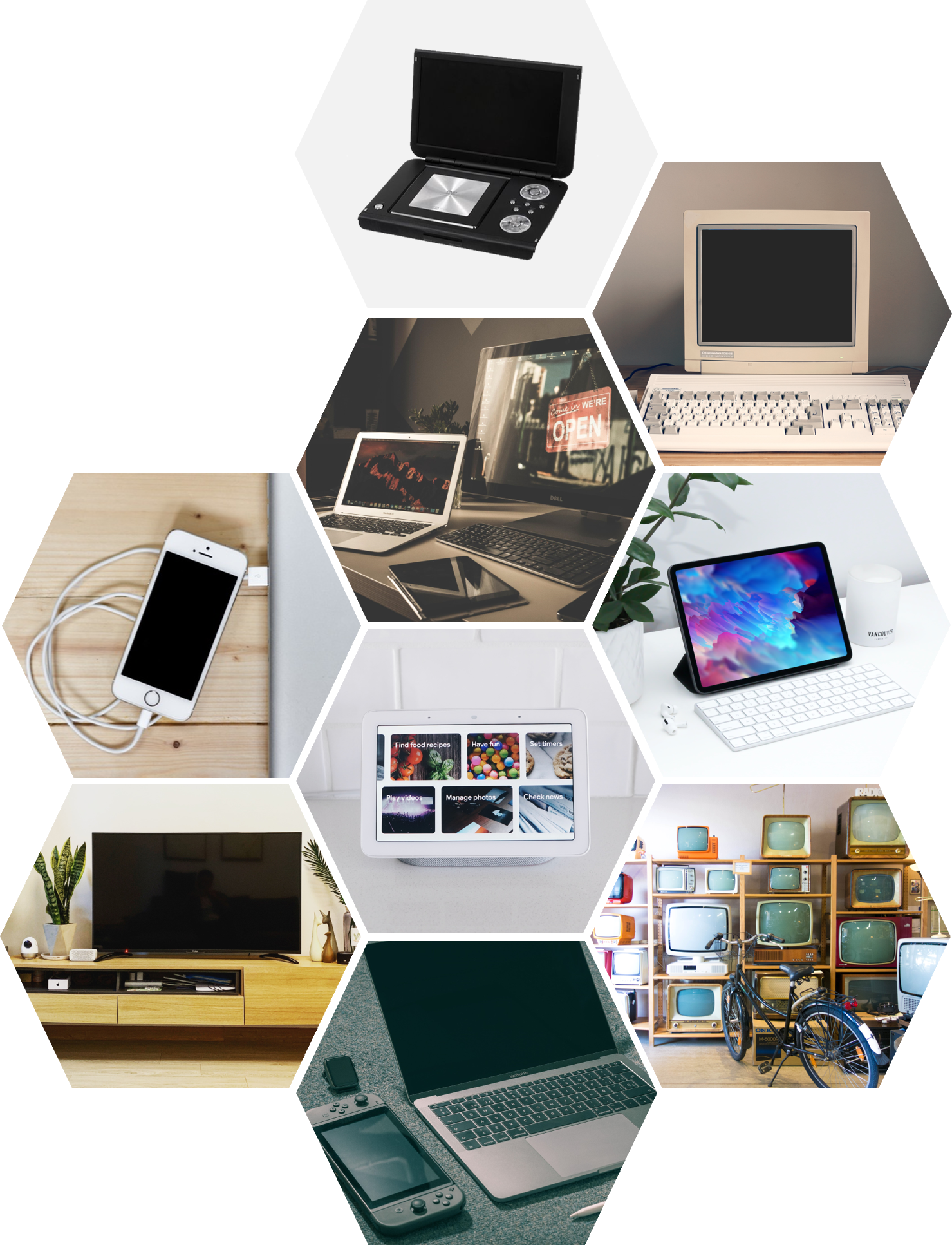 Examples of electronic devices: portable DVD player, Old desktop computer with CRT-containing monitor, LCD or OLED-containing desktop monitor, LCD or OLED-containing laptop computer, LCD or OLED-containing tablets, smart display, cell phone, LCD-containing television, gaming device, CRT-containing televisions.