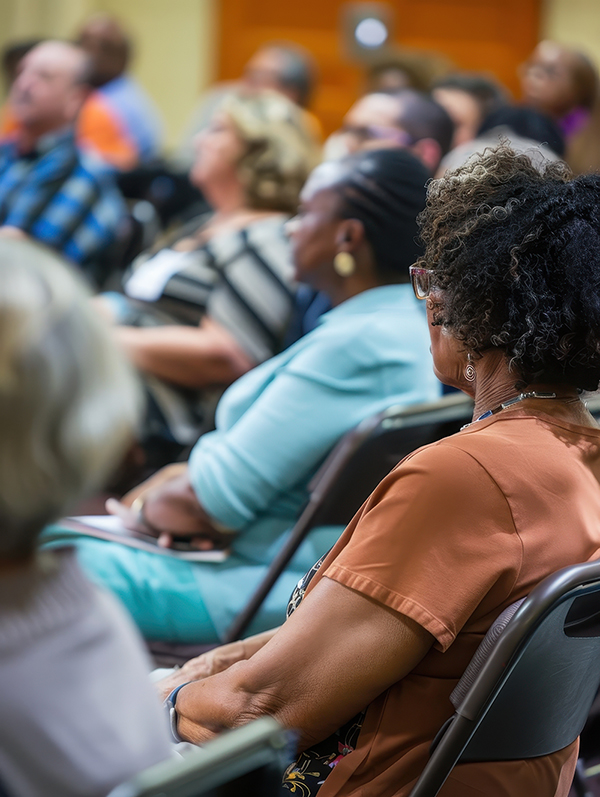People at a public meeting listening to a speaker.
