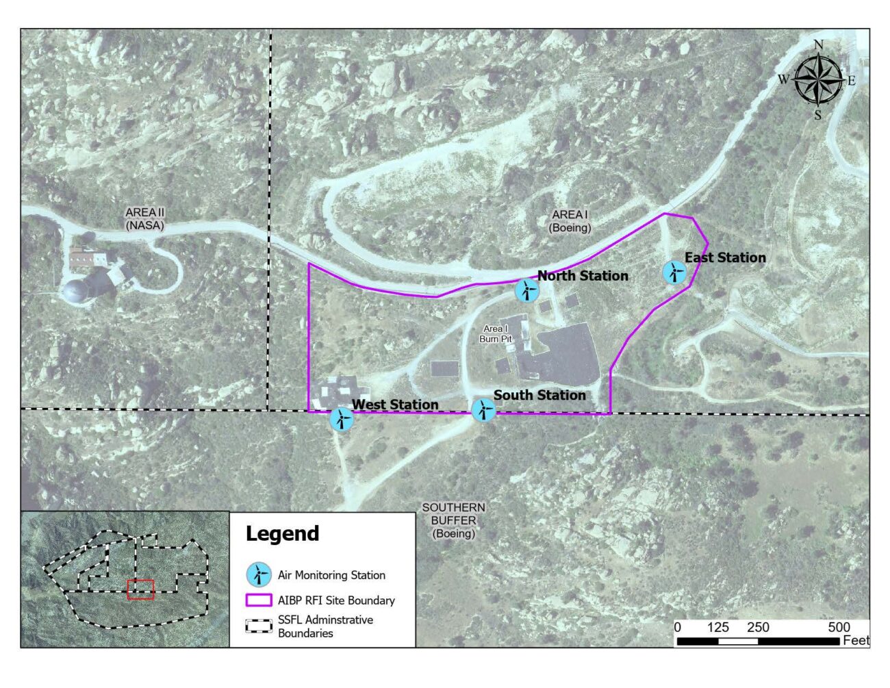 Ariel view of the SSFL Area One Burn Pit early action with with site boundary, cardinal directions and locations of the North, South, East, and West Air Monitoring Stations. Photo updated 9/3/2024