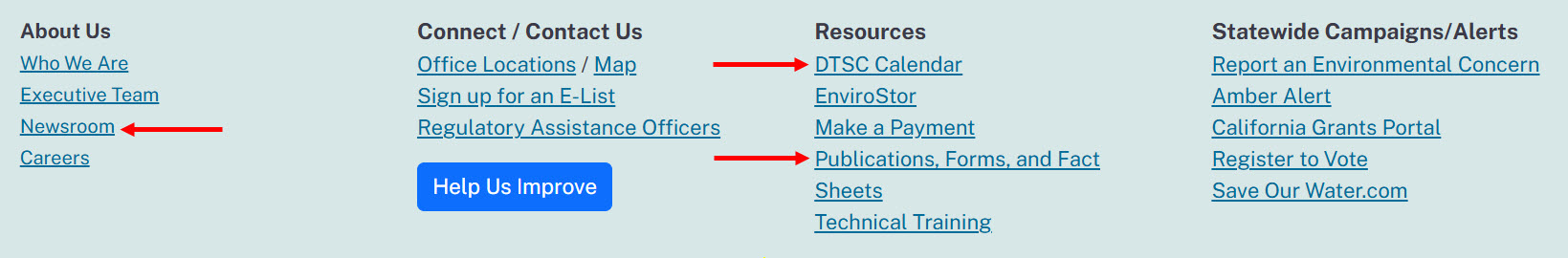 New footer on the DTSC website.