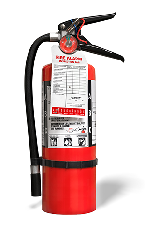 Fire extinguisher with inspection tag.